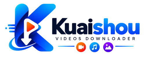 Kuaishou Video Downloader logo featuring a blue letter K with a play button arrow and video, music, and photo icons.